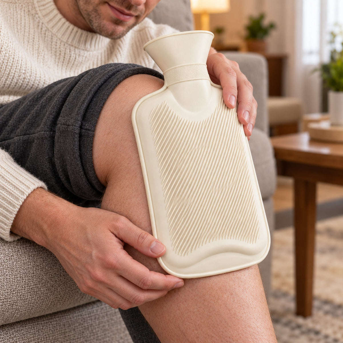 A man in a white sweater holds a cream hot water bottle against his knee while seated on a sofa.