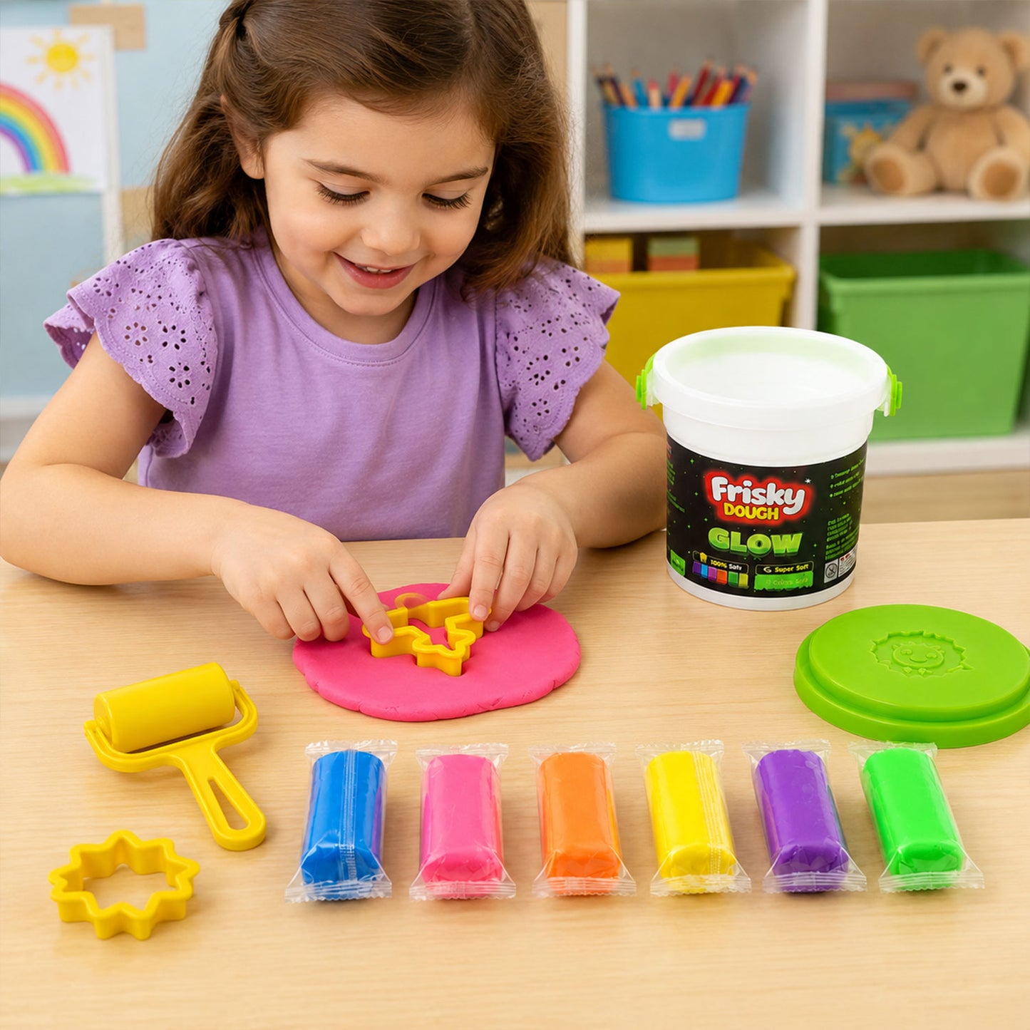 Glow Play Dough Bucket Set 120g with 6 Colour Doughs, Shape Molds & Roller for Kids