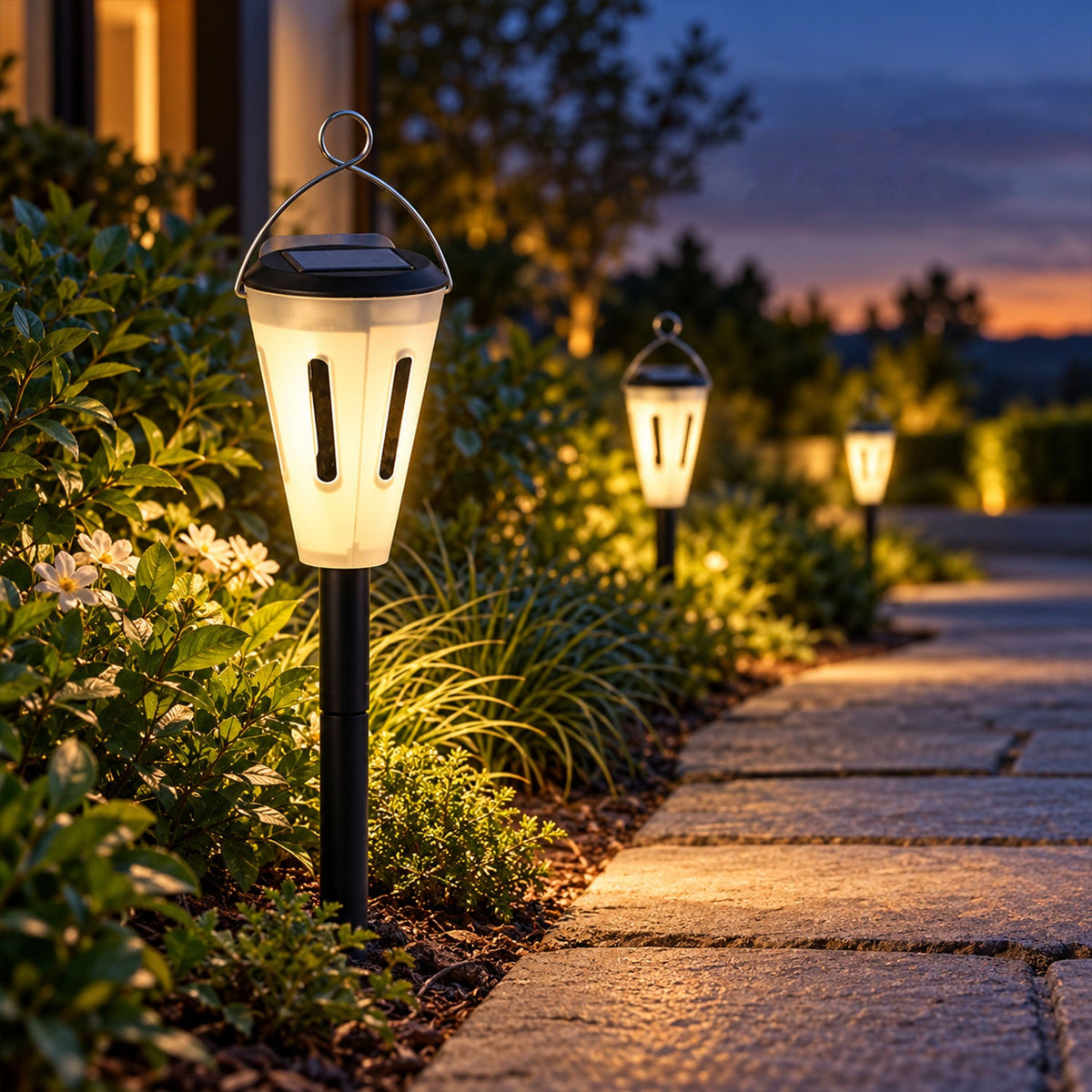 A solar garden light with a white diffuser and black pole casts a warm glow on a stone pathway surrounded by green plants at