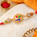 Ornate Rakhi featuring Oval Floral Charm, multicolor stones and chain look for Gift