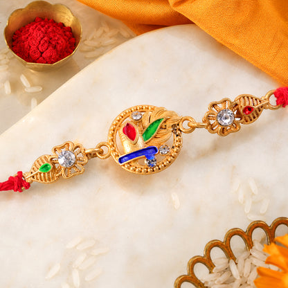Ornate Rakhi featuring Oval Floral Charm, multicolor stones and chain look for Gift