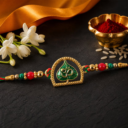 Divine Rakhi with Om Arch Plaque, leaf detail and display look for Festive Display