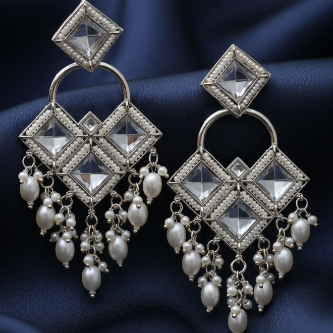 Antique Silver-Toned Floral Kundan Chandbali Jhumka Earrings with Seed Pearl Clusters