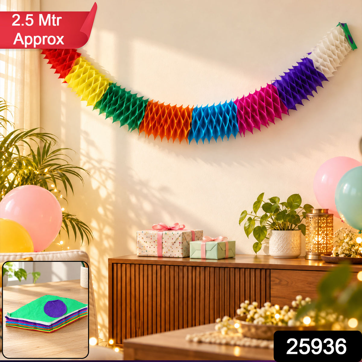 Multicolour Honeycomb Paper Garland for Party Decor (Approx. 2.5 m, 1 Pc)