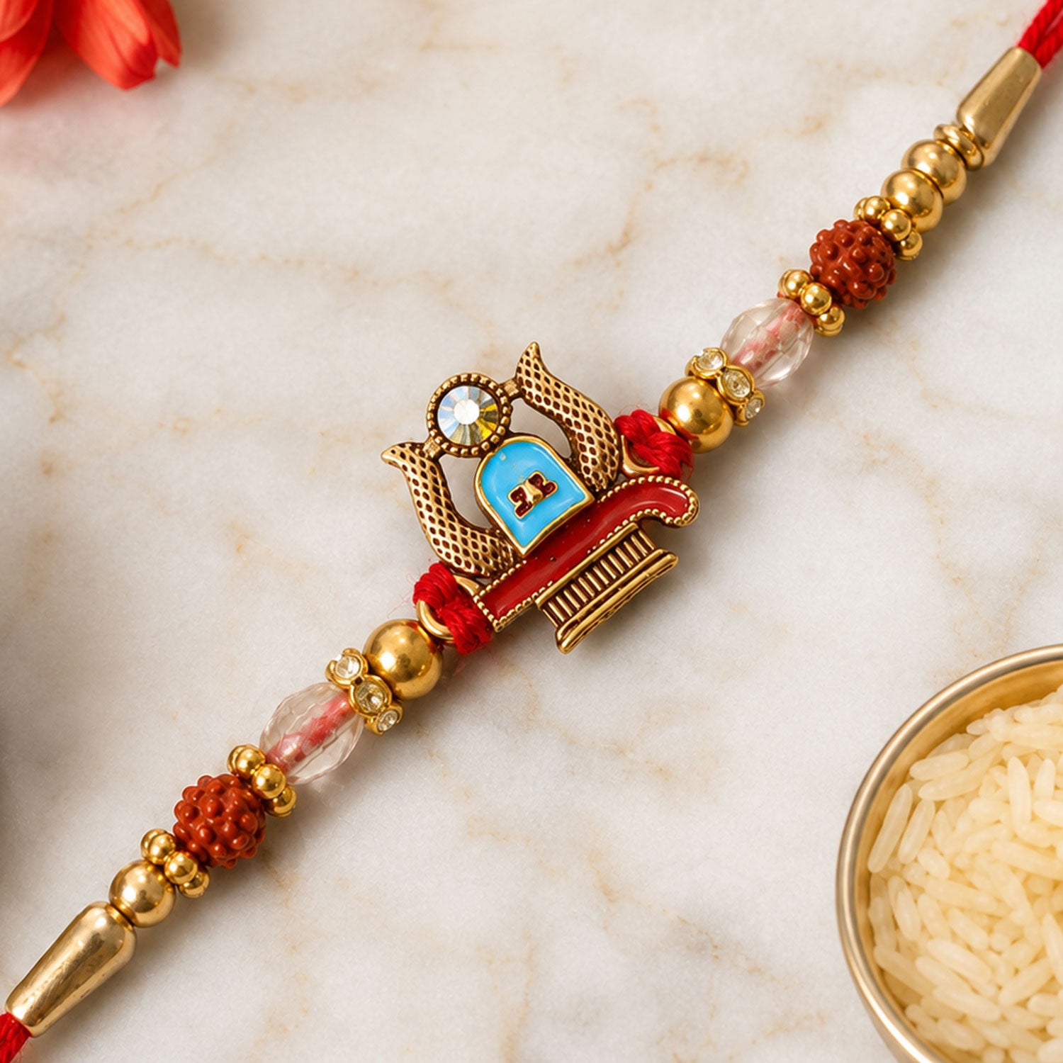 Shivling Pendant Rakhi with Blue Enamel Accent and Rudraksha Beads