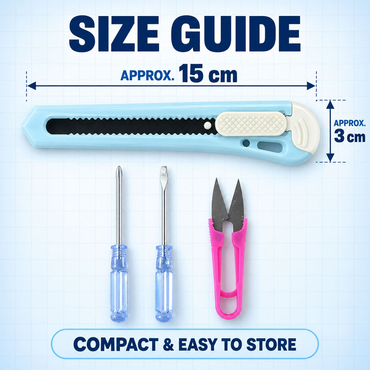 A light blue utility knife, two blue screwdrivers, and pink thread snips displayed with a size guide indicating approximate