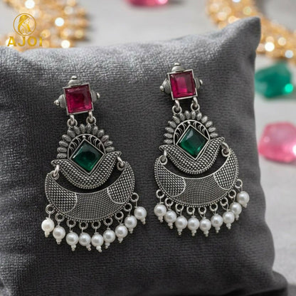 Antique Silver-Finish Chandbali Earrings with Green & Ruby-Tone Stones and Pearl Drops