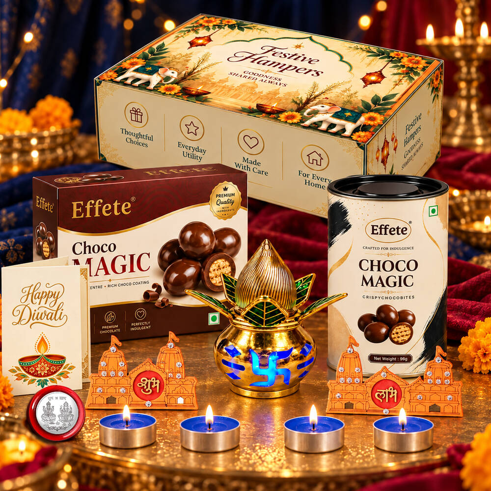 A collection of Diwali gifts including a patterned box, chocolate treats, a golden kalash, blue tealights, and orange temple