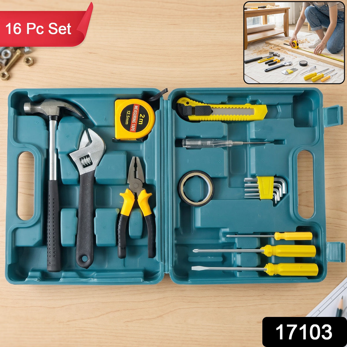 16 Piece Hand Tool Kit with Carry Case for Garage and Workshop (1 Set)