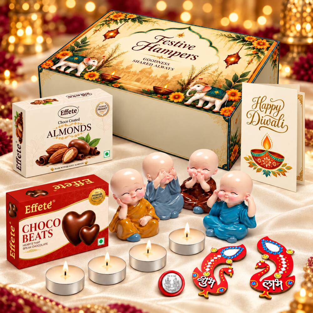 A festive hamper box with two chocolate boxes, four Buddha figurines, tealights, and decor on a gold-lit surface.