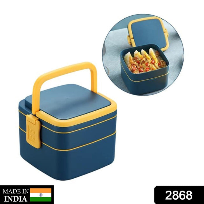2868 BLUE DOUBLE-LAYER PORTABLE LUNCH BOX STACKABLE WITH CARRYING HANDLE AND SPOON LUNCH BOX , Bento Lunch Box