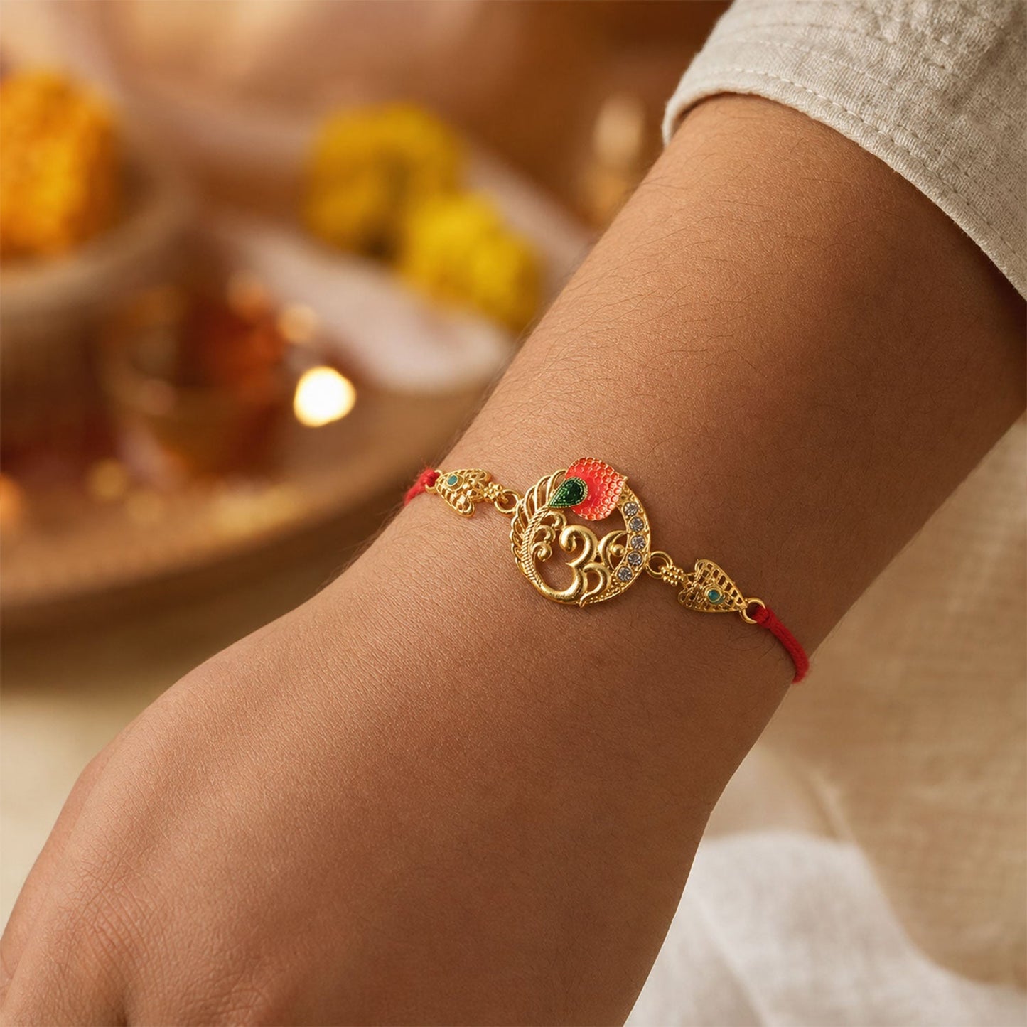 Om Peacock Designer Rakhi with Kundan Beaded Detail (5pcs)