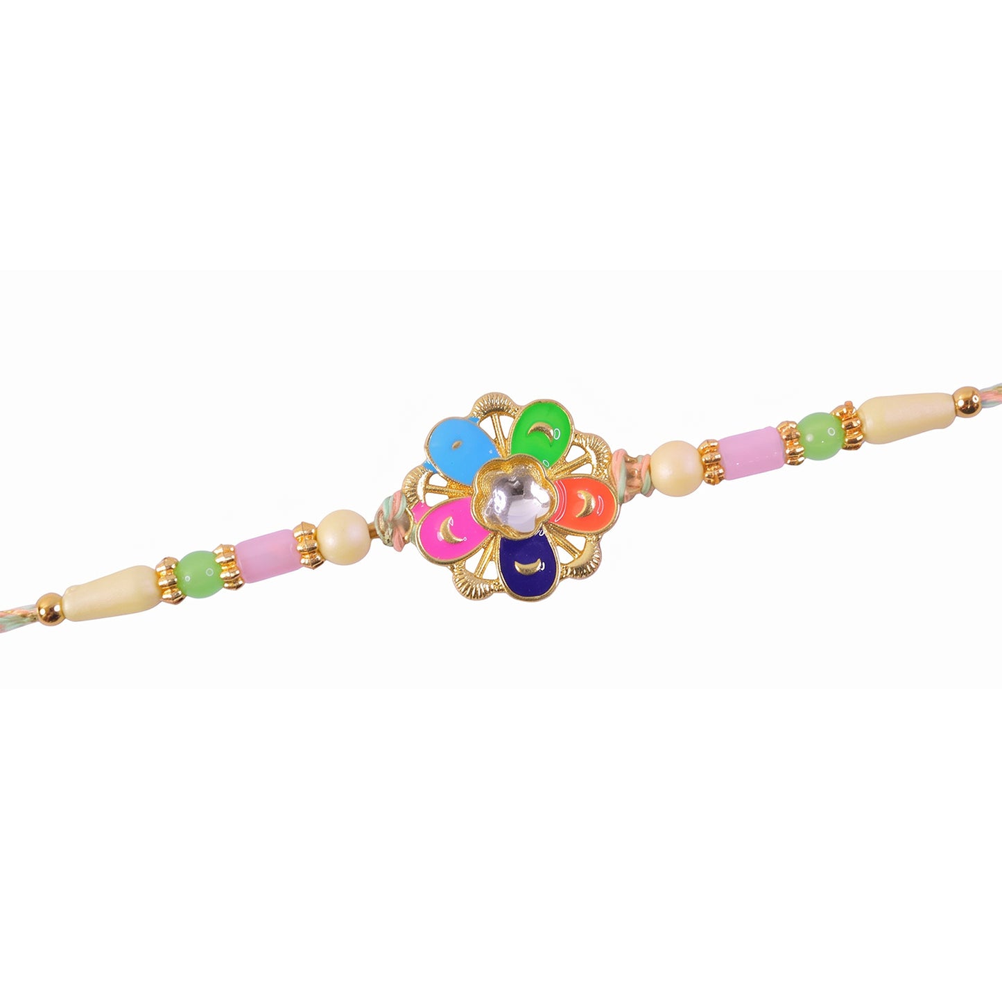 Multicolor Floral Kundan Pendant Rakhi with Pastel Beads