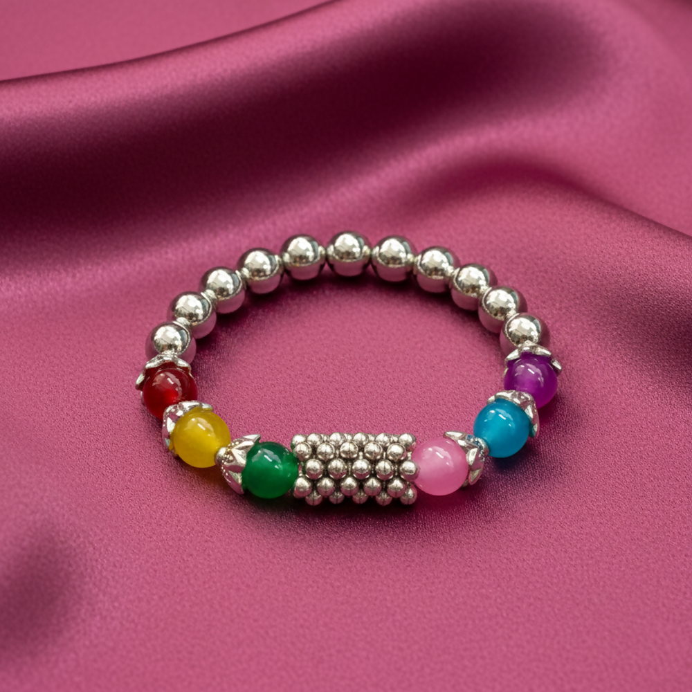 Close-up of beads and silver accents on multi beads bracelet