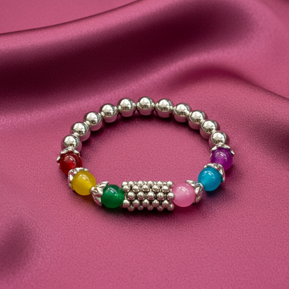 Close-up of beads and silver accents on multi beads bracelet