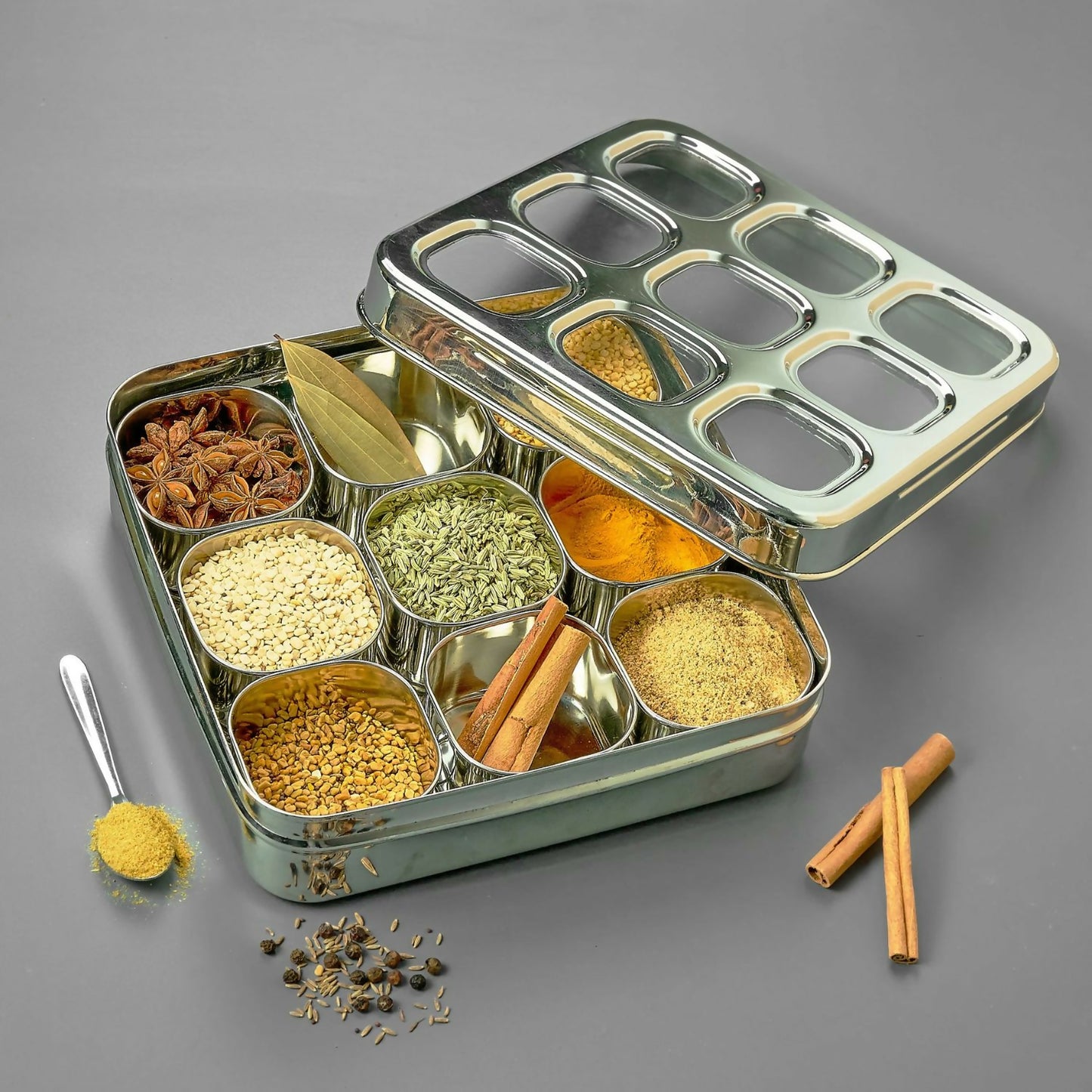 Rust-resistant stainless steel masala dabba showing compartments