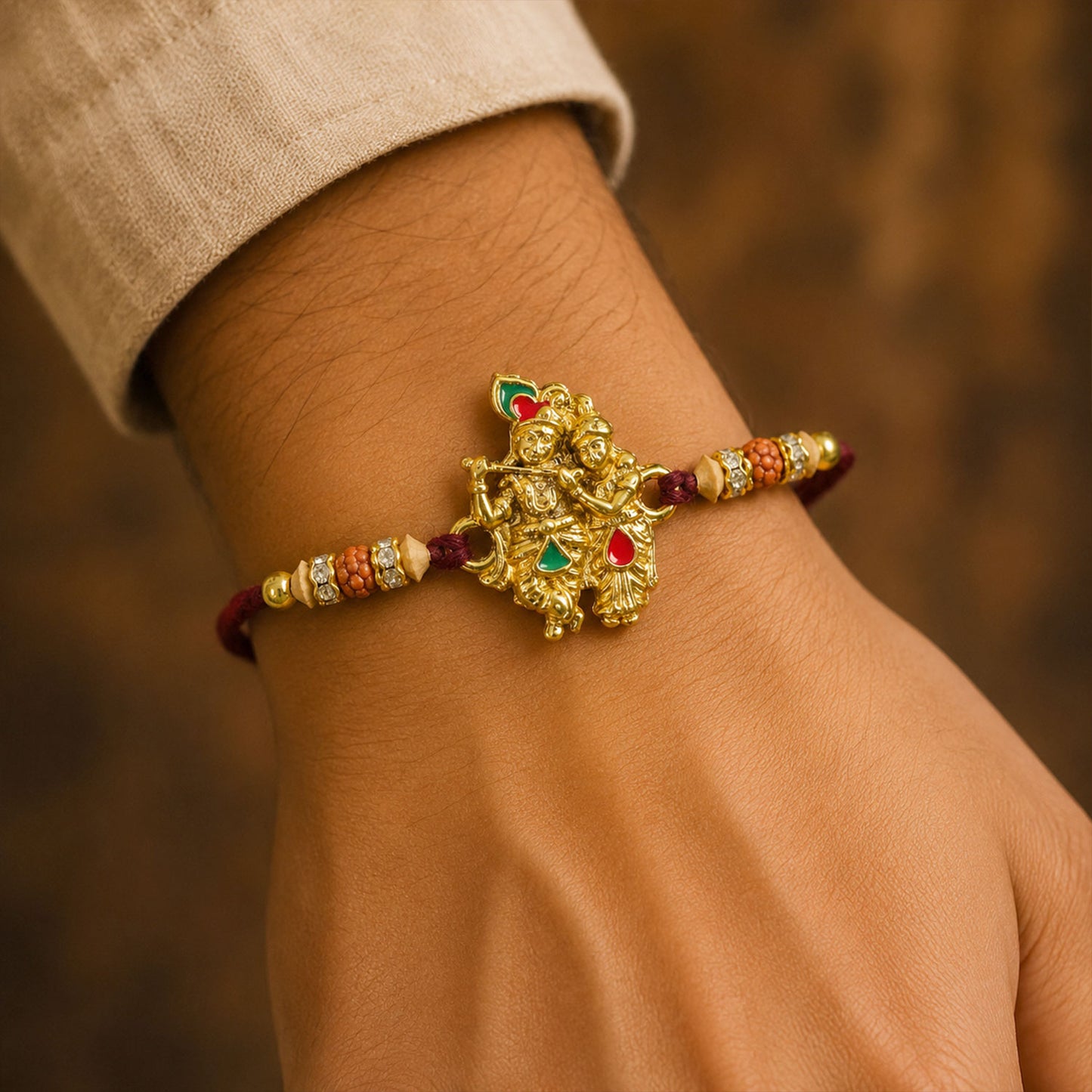 Radha Krishna Golden Devotional Rakhi with Couple Idol Centre and Color Stones