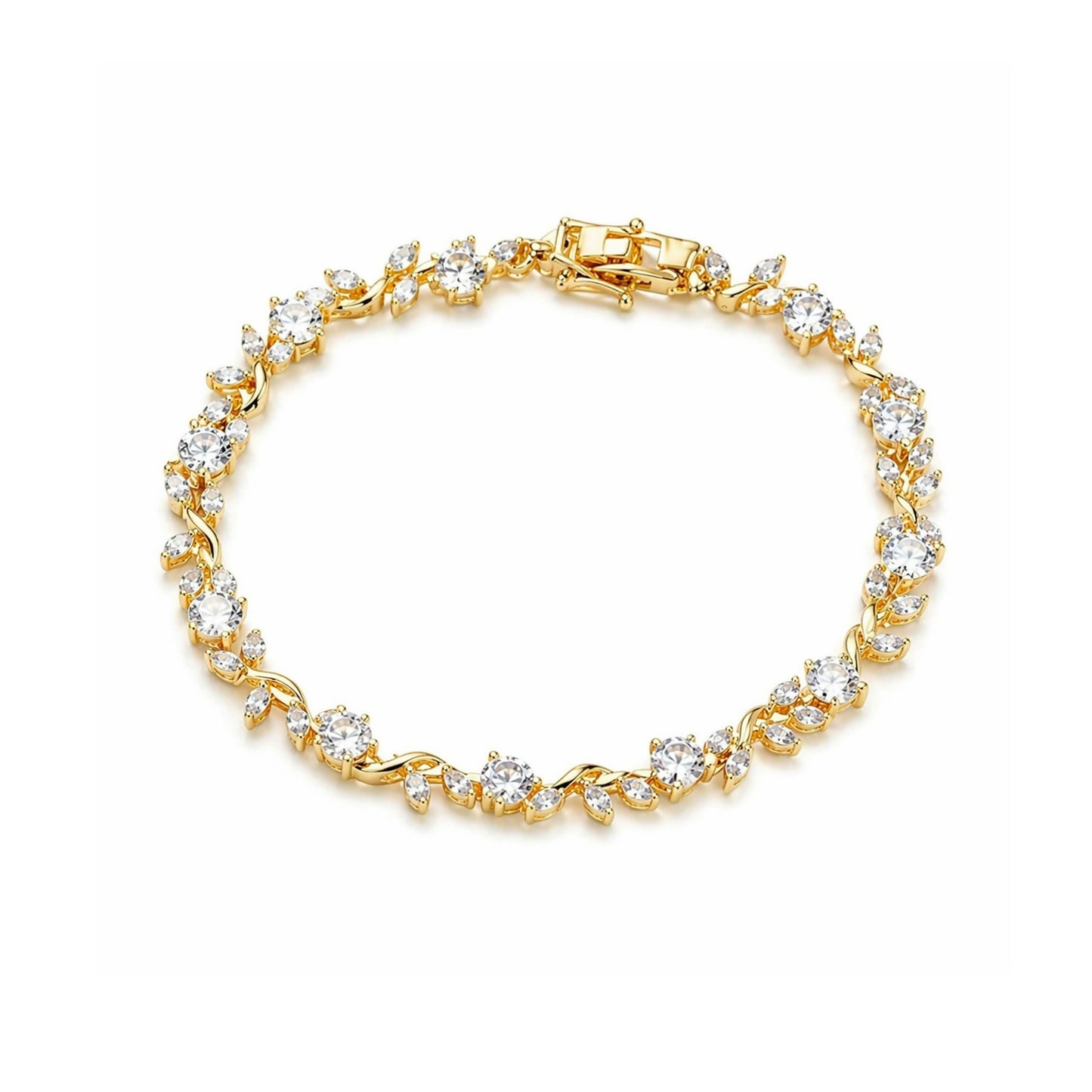 Side view of bracelet highlighting gold plating and stones
