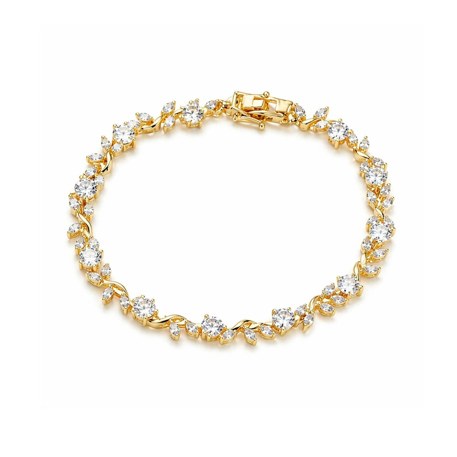 Side view of bracelet highlighting gold plating and stones
