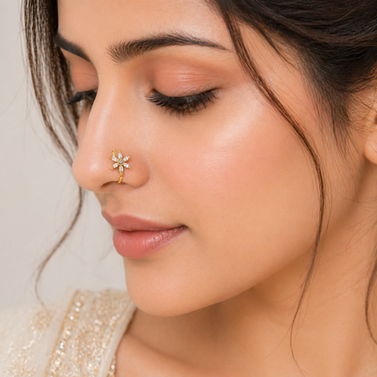 Gold-plated nose stud with floral design and clear gemstones - angle 04