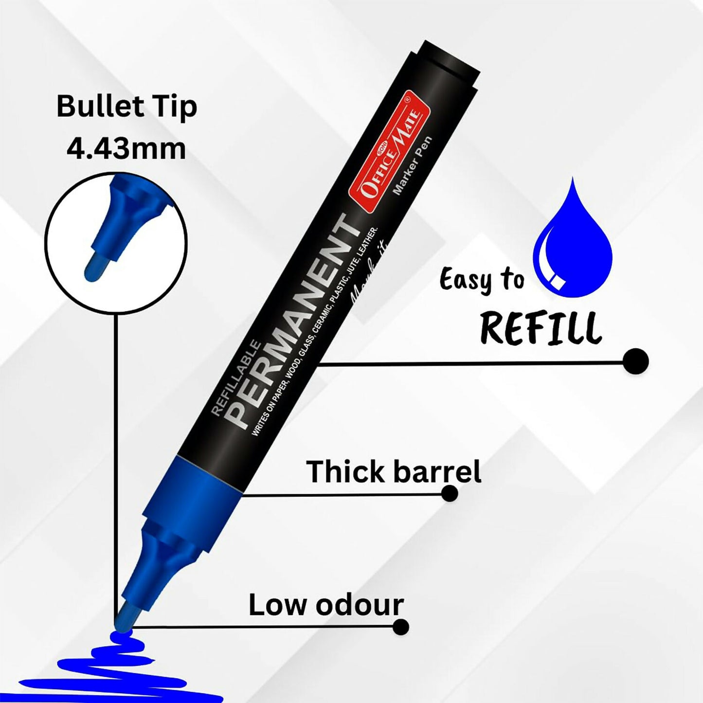Refillable Permanent Marker Pen – Blue Ink, 10 Piece Combo