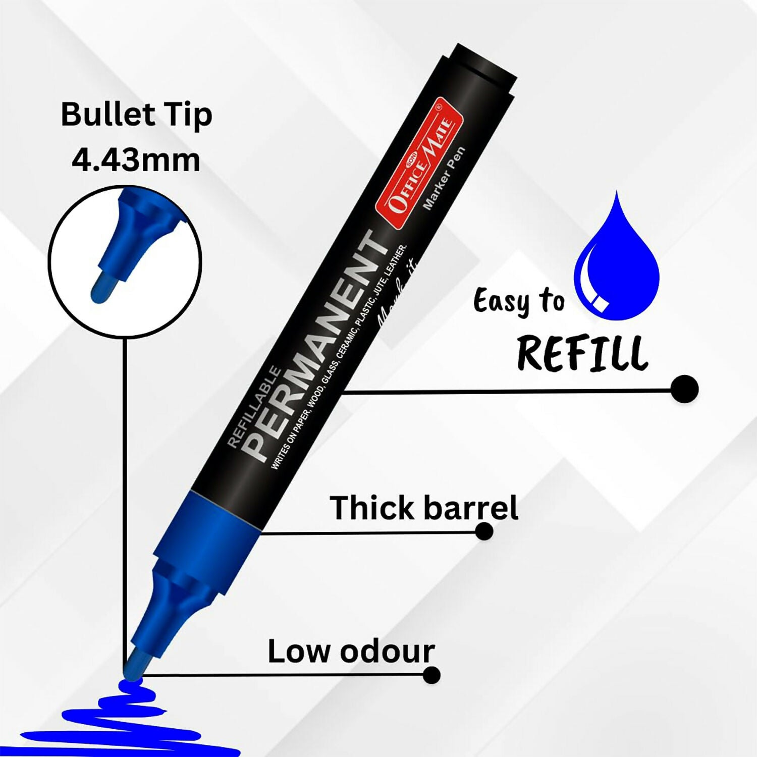 Refillable Permanent Marker Pen – Blue Ink, 10 Piece Combo