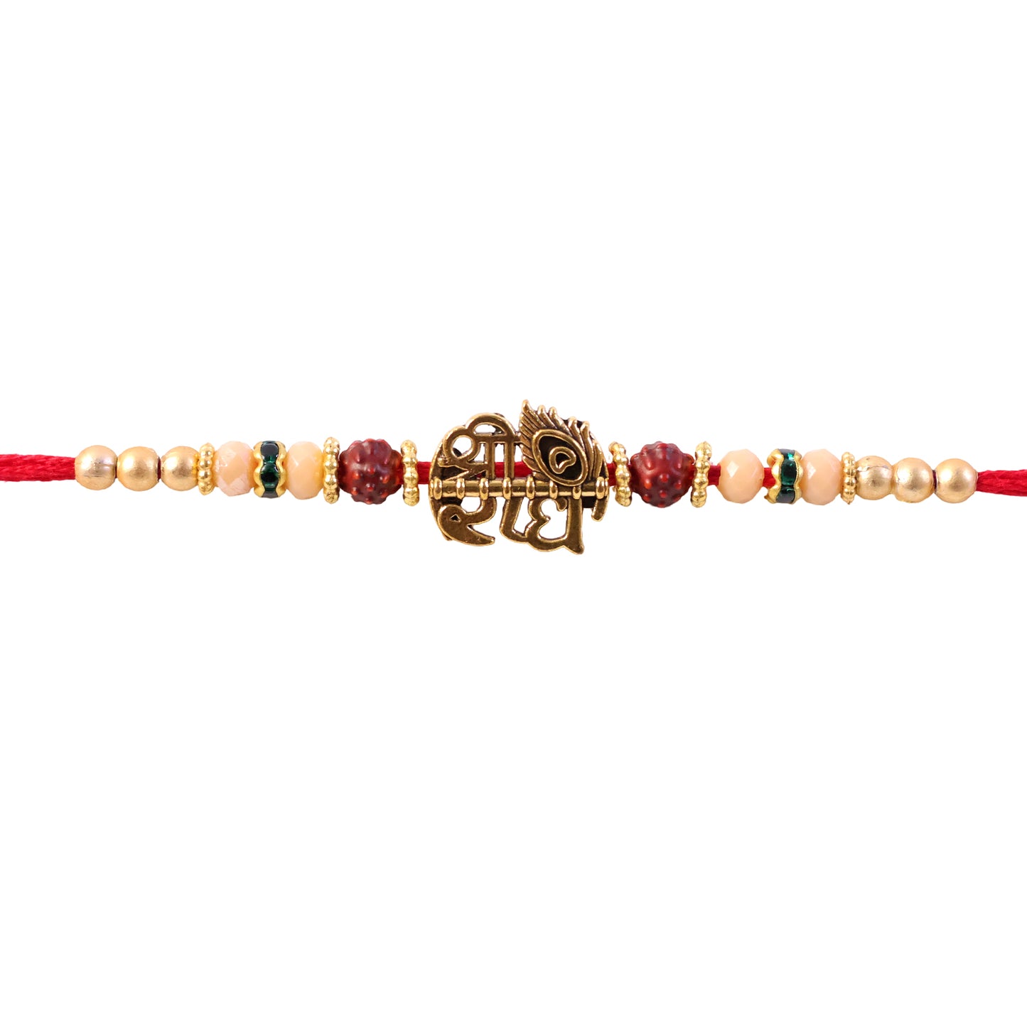 Red Thread Rakhi with Antique Gold Radhe Pendant and Peacock Feather