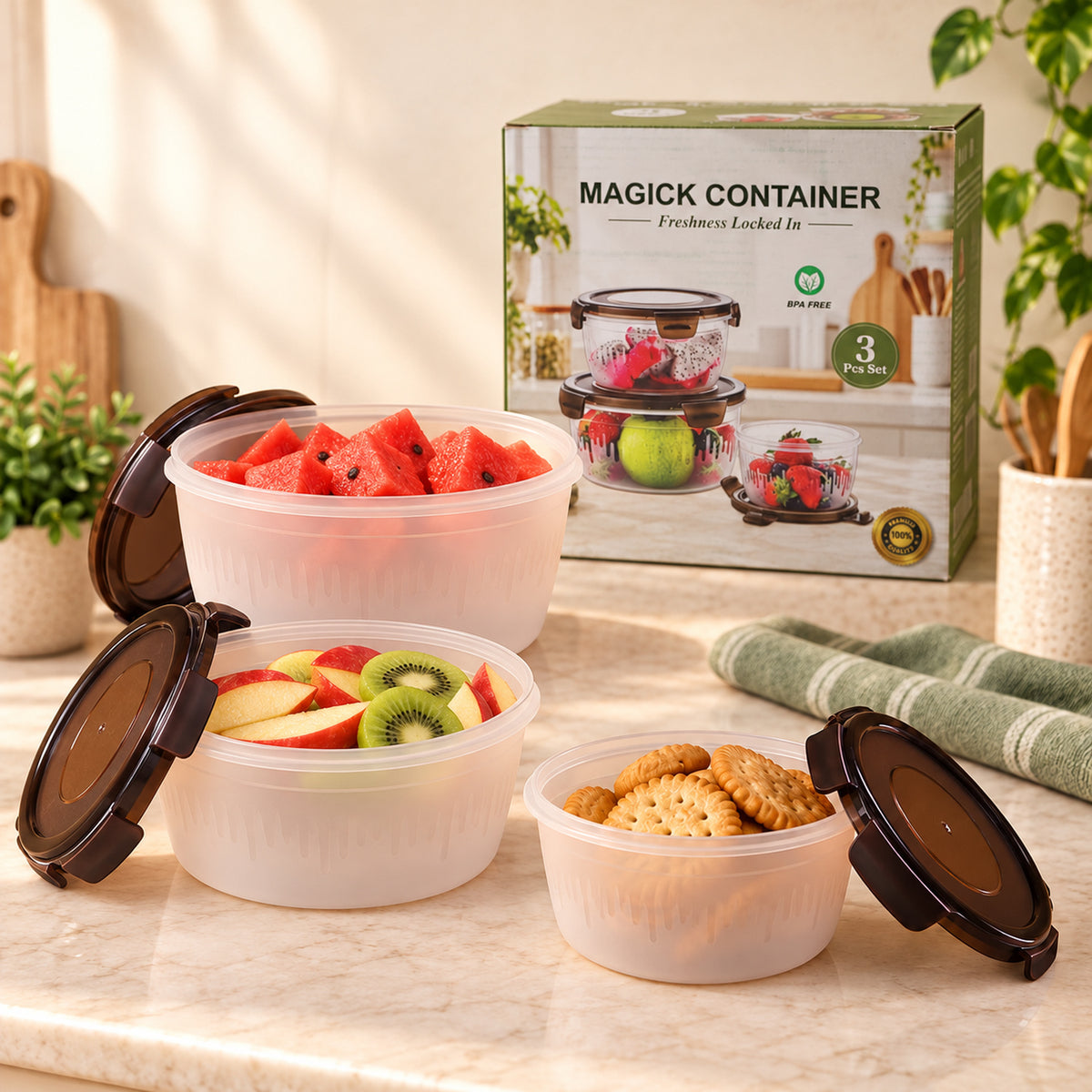 Magick Round Food Storage Containers with Clip-On Lids in Three Sizes (3 Pc)