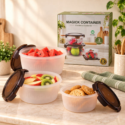 Magick Round Food Storage Containers with Clip-On Lids in Three Sizes (3 Pc)