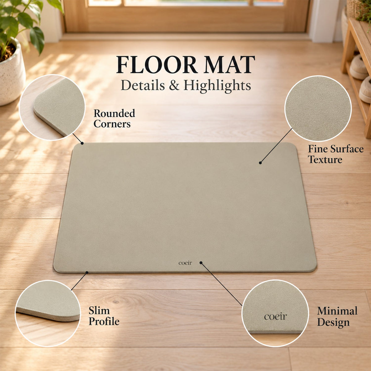 A light beige mat on a wooden floor, highlighting its rounded corners, fine texture, slim profile, and minimal design.