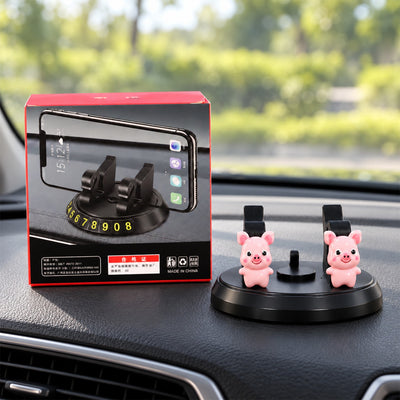 Cute Pig Mobile Stand for Car Dashboard with Hidden Parking Number Plate (1 Pc)