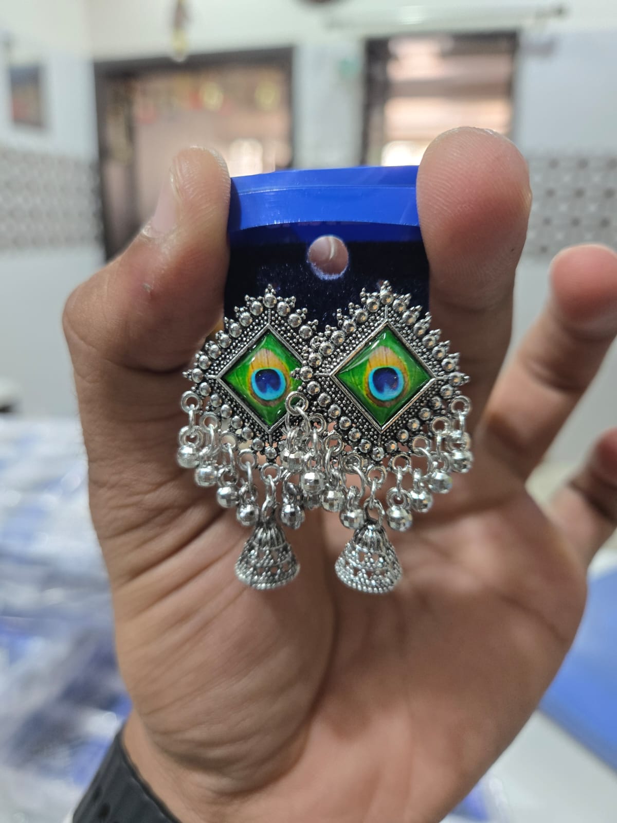 Peacock Design Oxidised Silver Earrings for Women with Hanging Beads Stylish Pair