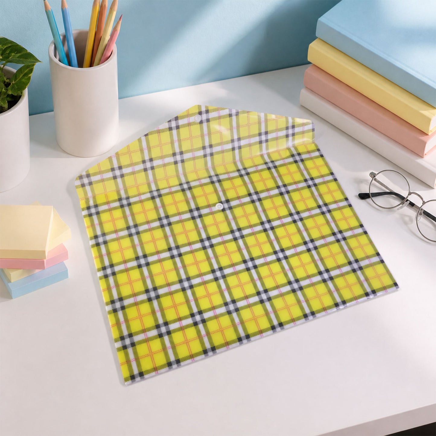 Check Print Document Bag Envelope File Folder with Snap Button for A4 Papers (1 Pc, Mix Colour)