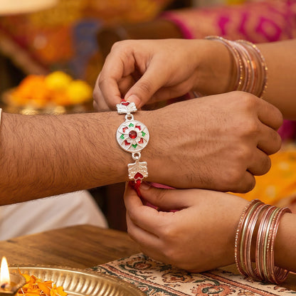 Silver Decorative Rakhi for Boys with Red and Green Accents