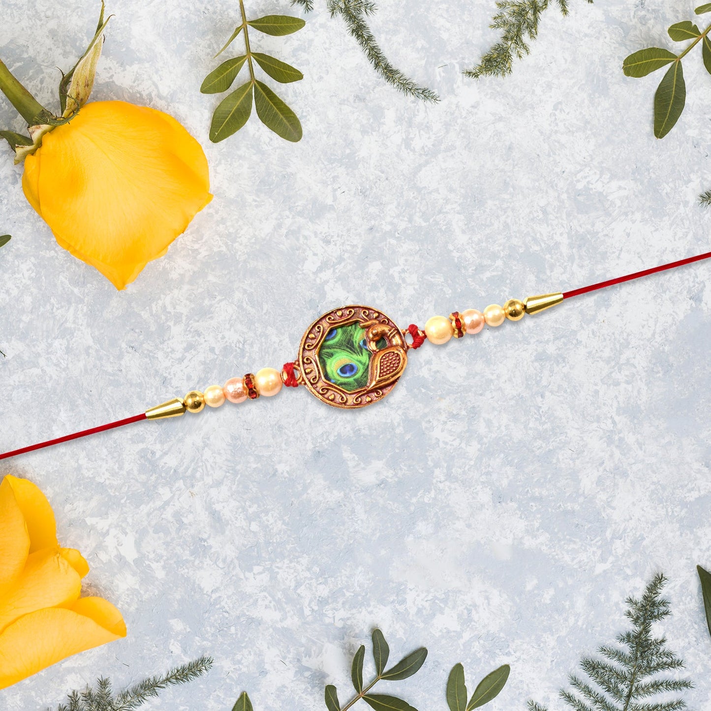 Shop Peacock Feather Rakhi with Pearl Bead Accents Red Thread (5pcs)