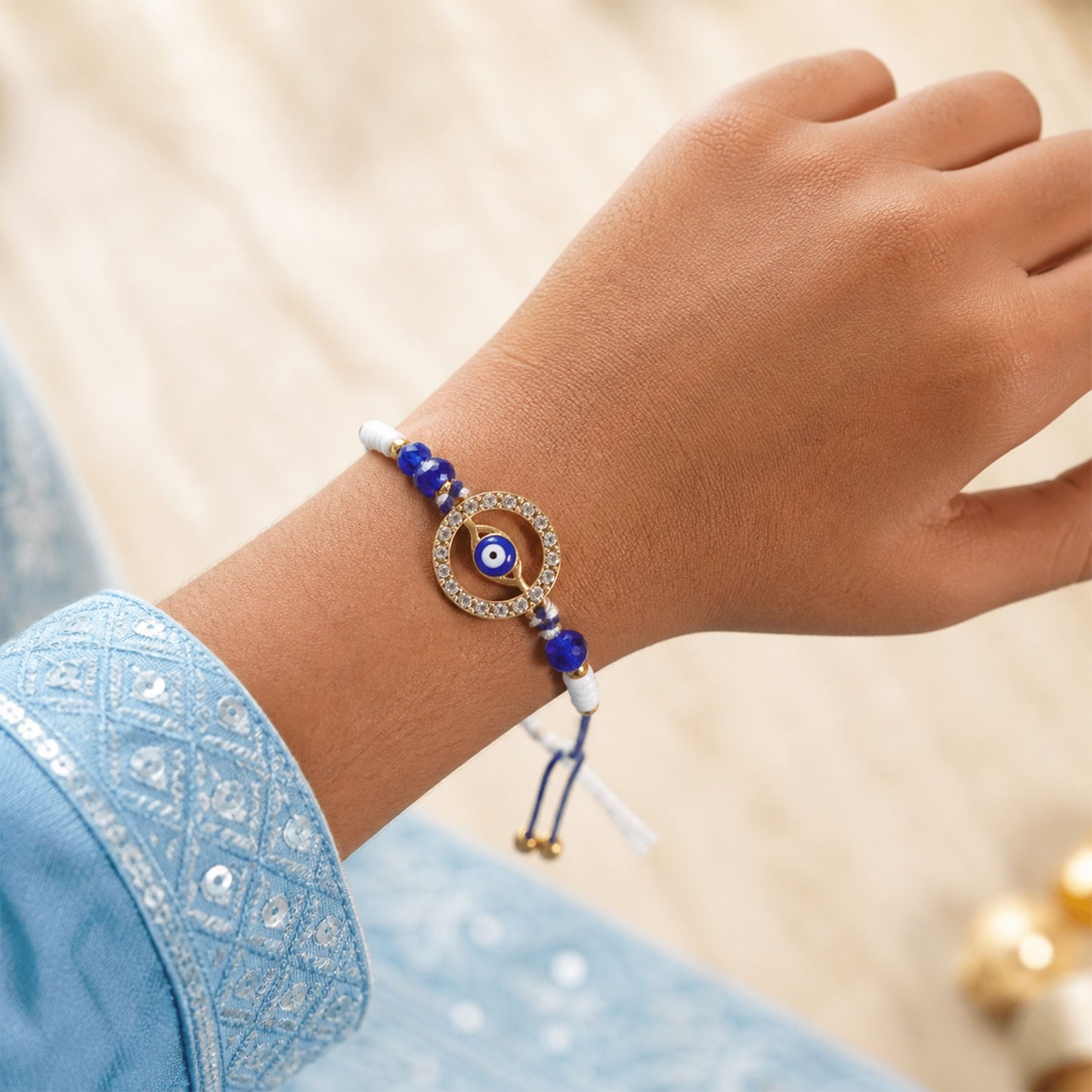 Studded Circle Nazar Evil Eye Crystal Beads Designer Rakhi