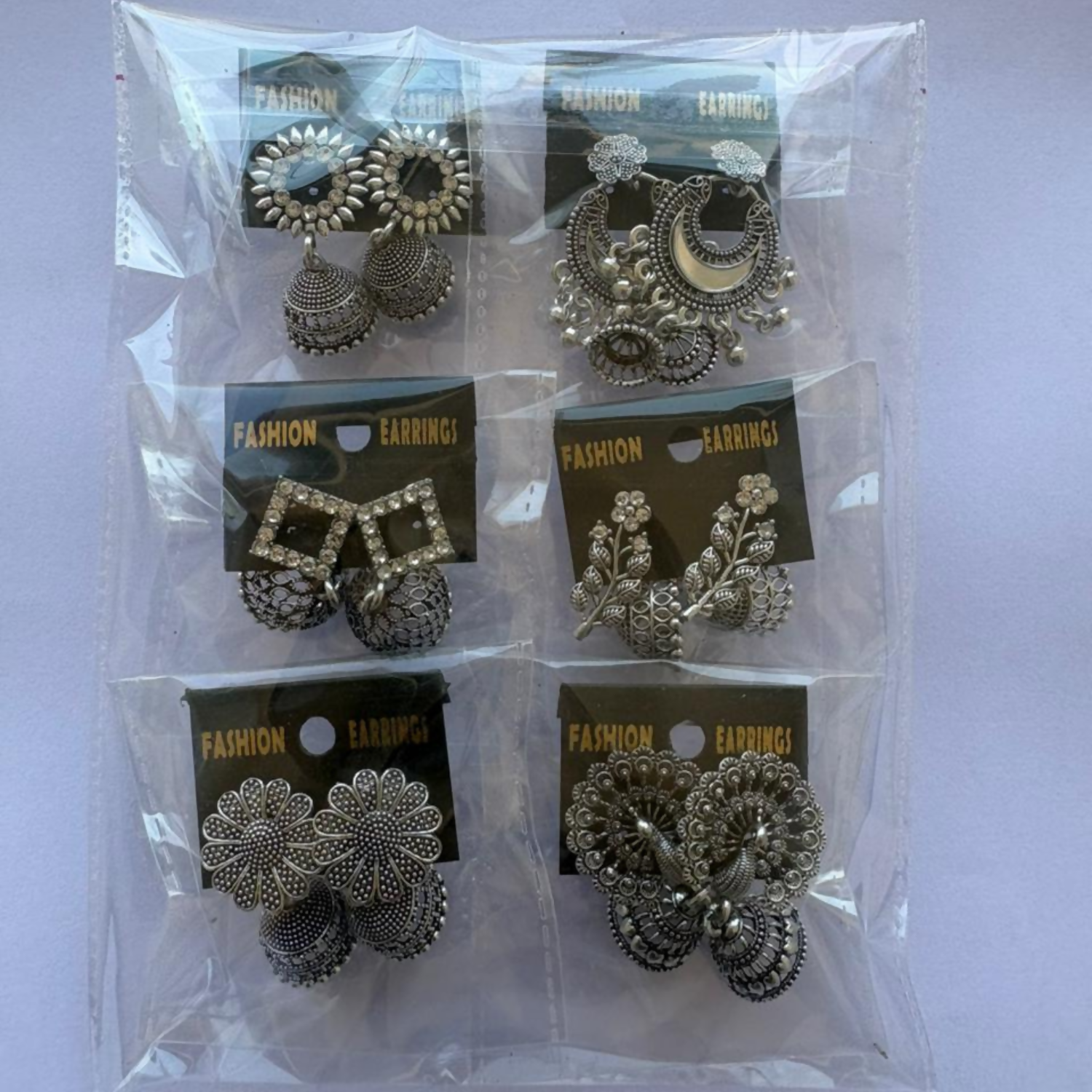 Traditional Oxidised Silver Jhumka Earrings Set Stylish Big Jhumki (6Pair Combo)