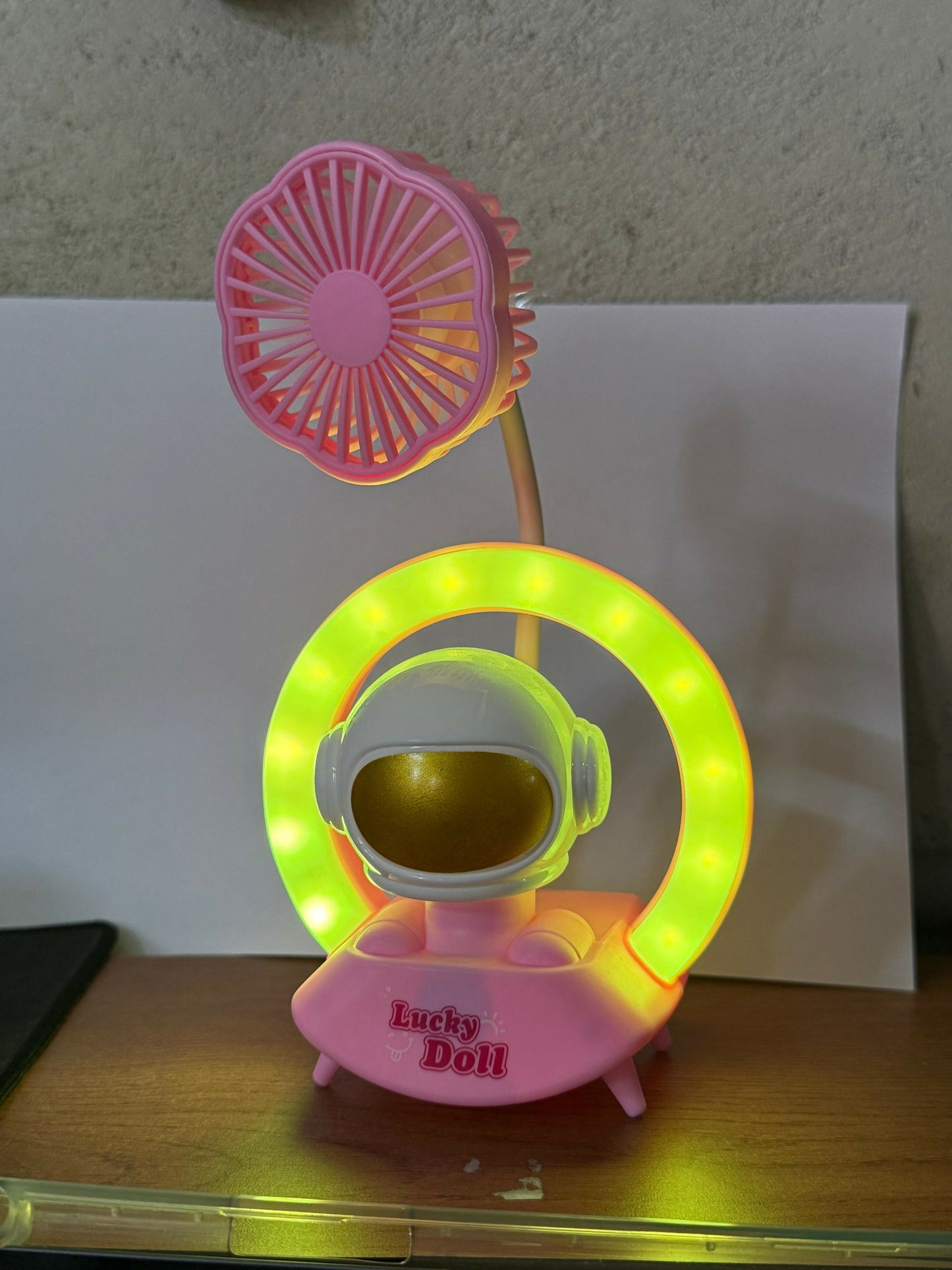 Pink Astronaut Desk Lamp with Fan & Color Light Ring Table Decor