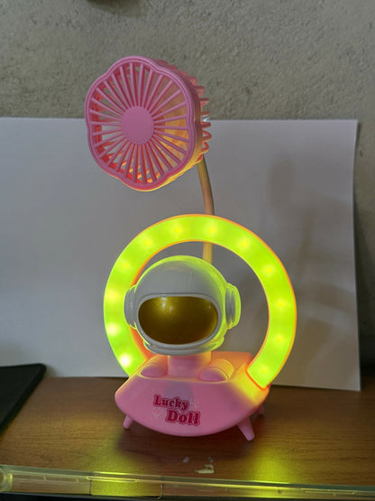 Pink Astronaut Desk Lamp with Fan & Color Light Ring Table Decor