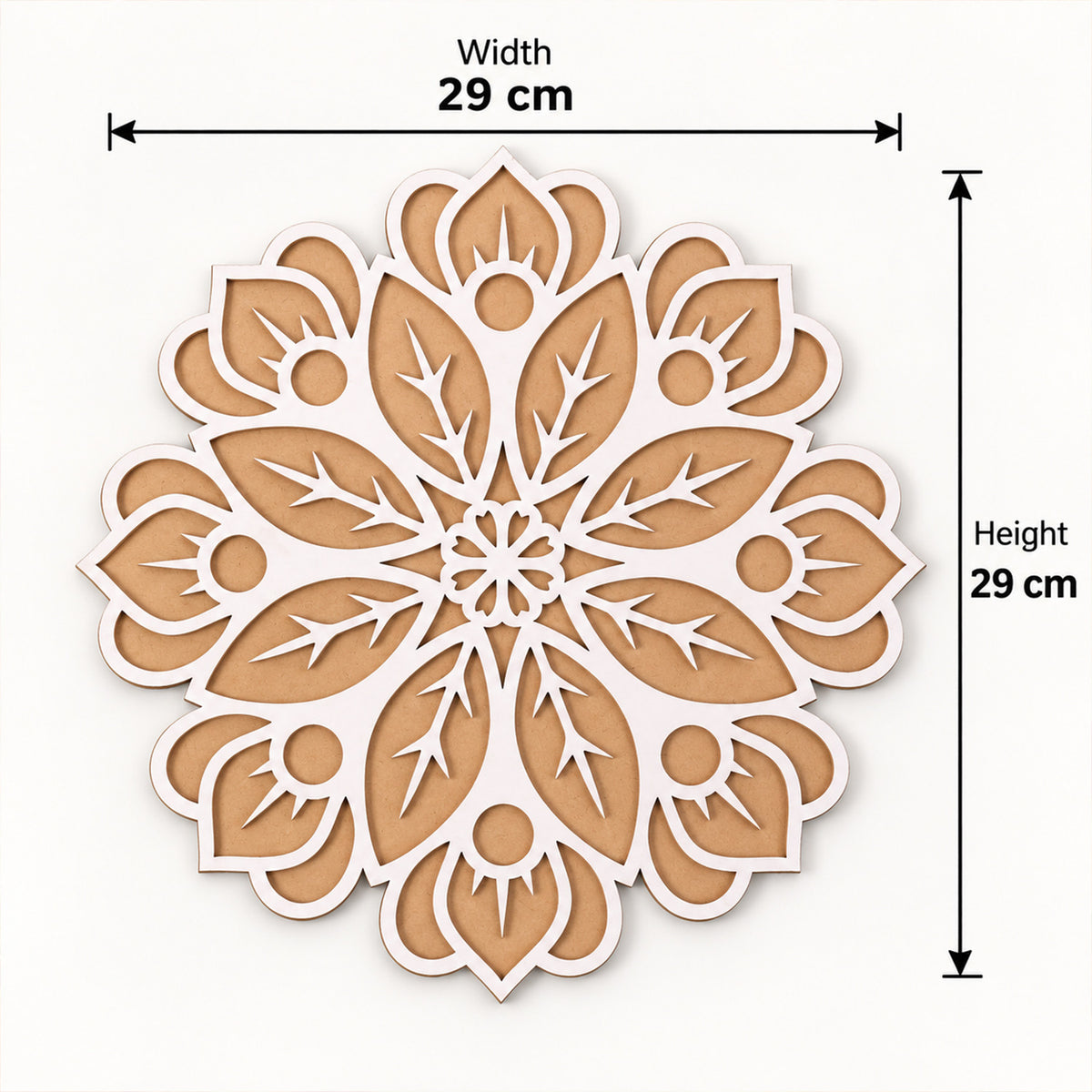 A top-down view of the white and brown wooden rangoli stencil with dimensions of 29 cm width and 29 cm height indicated by