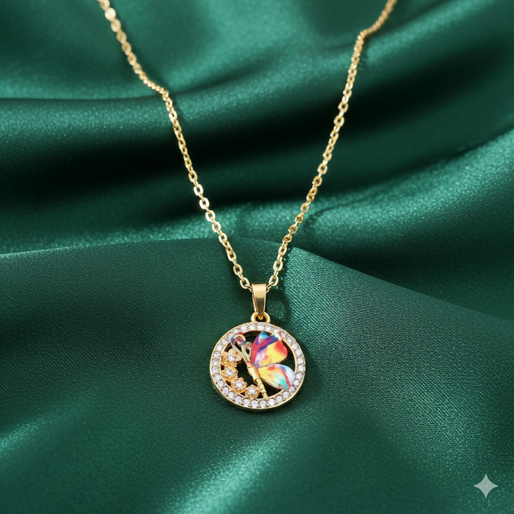 Gold Butterfly Pendant Necklace - Colorful Crystal Circle For women and girls