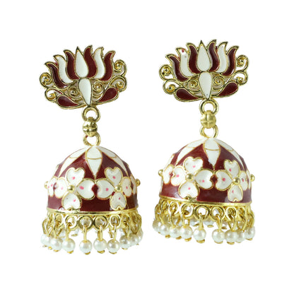 Detailed golden finish on maroon lotus jhumka earrings