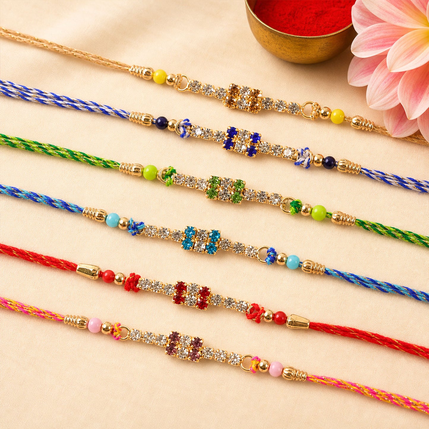 Square Stone Block Rakhi in Mix Colour Silk Threads (Pack of 6)