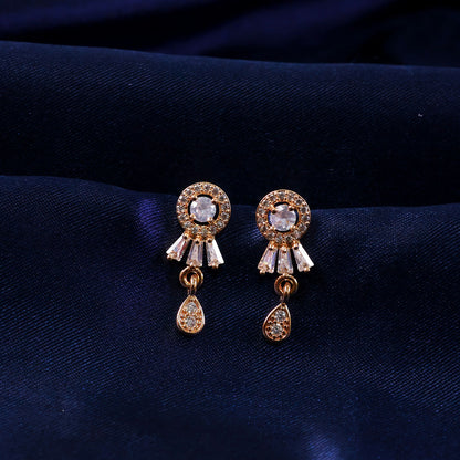 Pair of gold plated CZ stud drop earrings displayed on white background