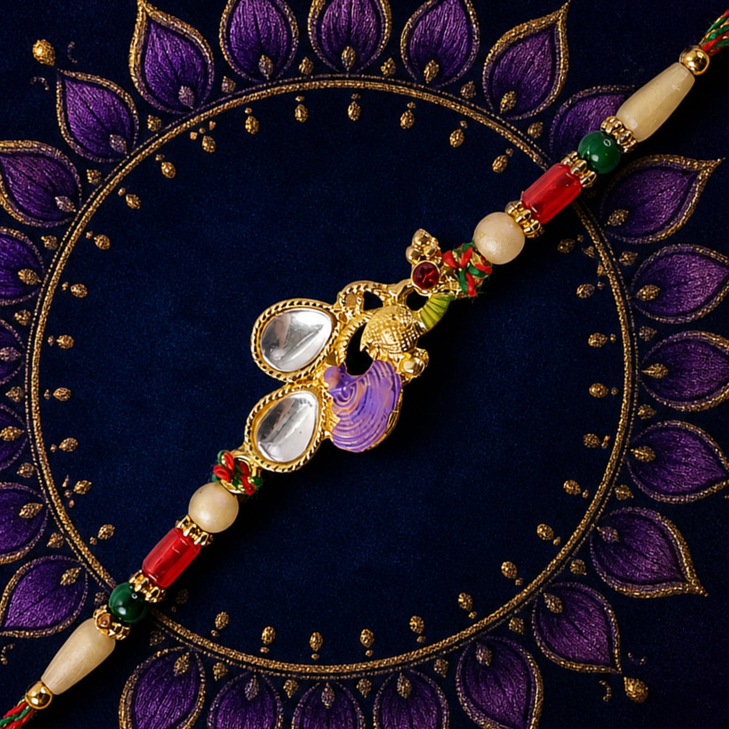 Floral Kundan Pendant Rakhi with Purple Peacock Accent