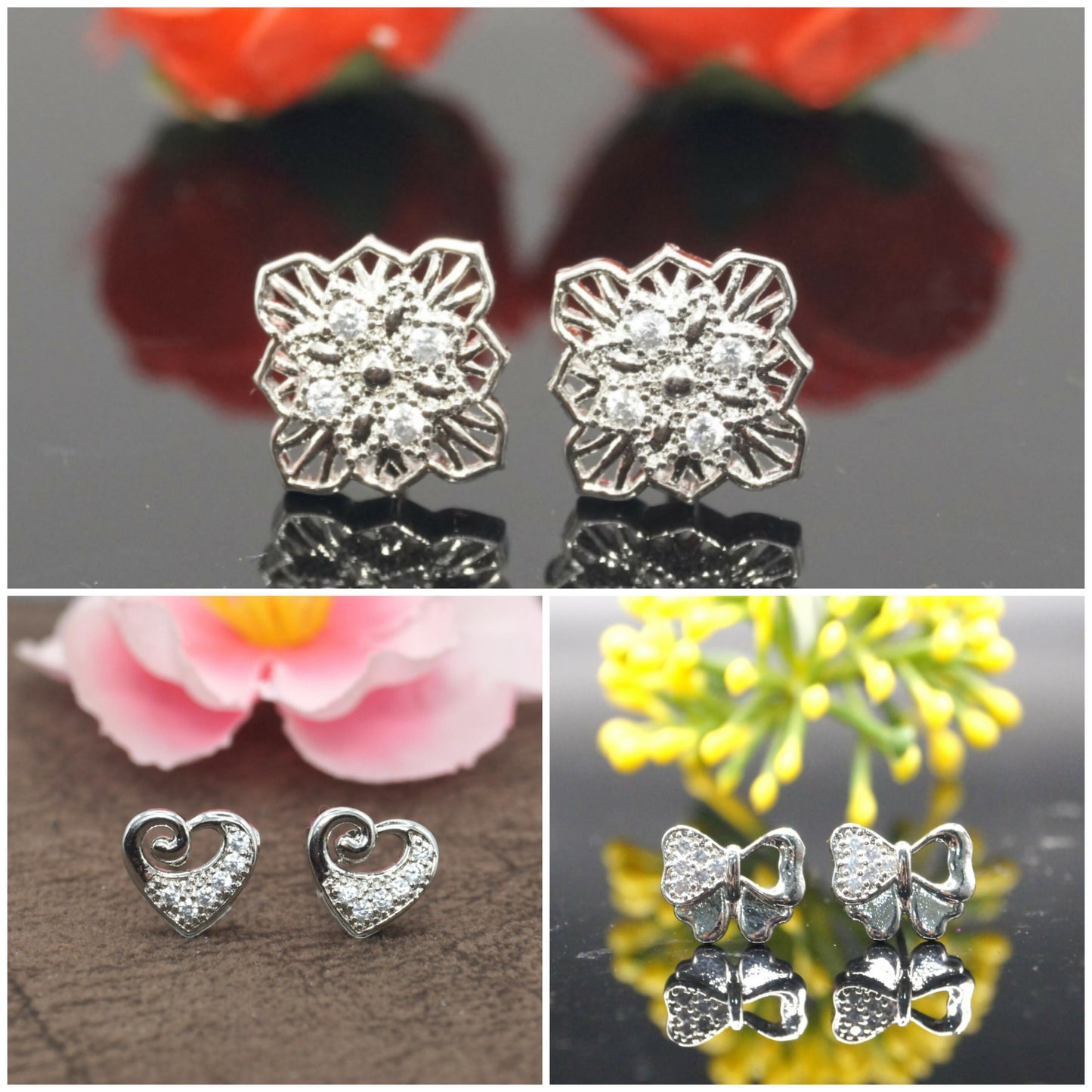 Dazzling silver-plated stud earrings set with flower, heart, and bow designs for women.