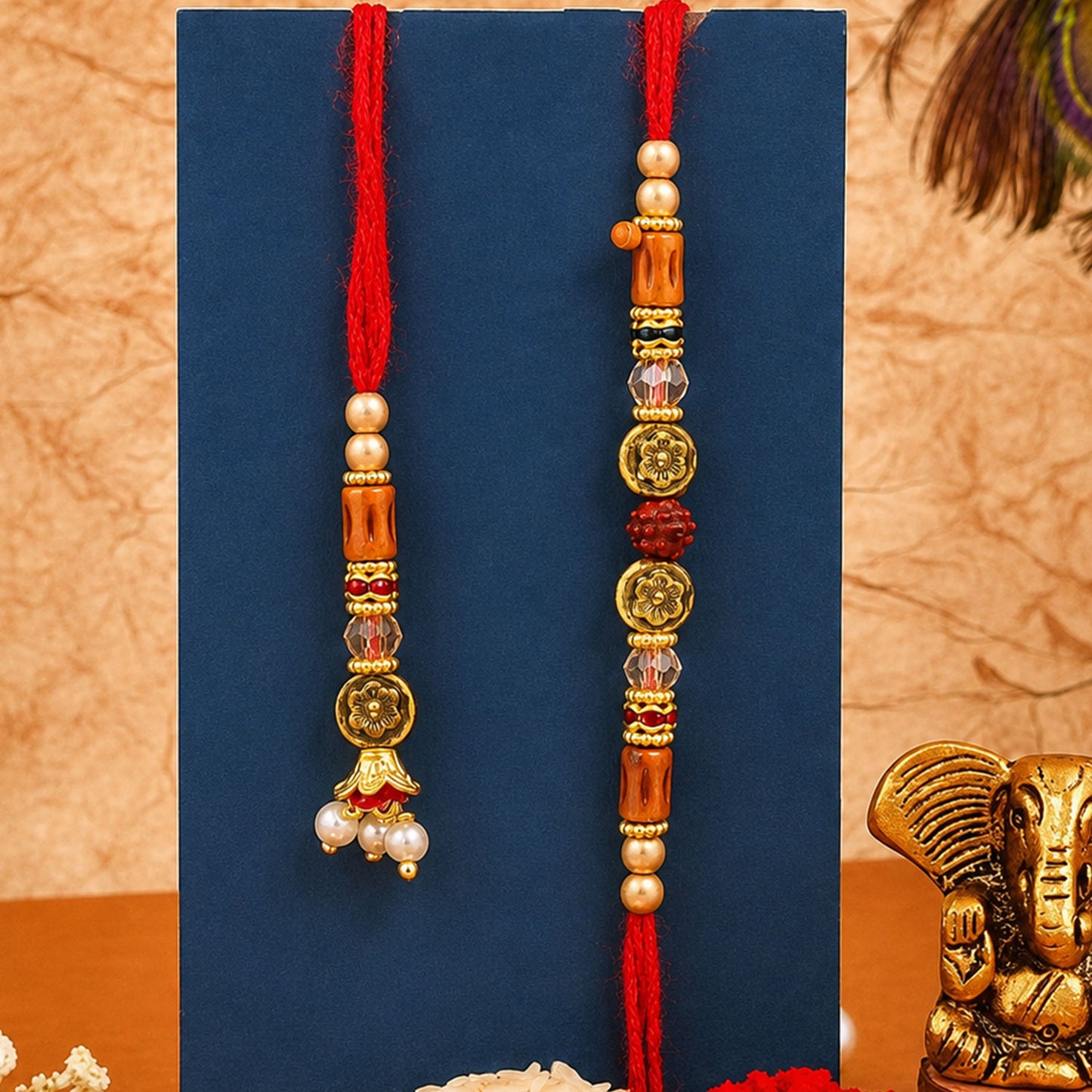 Graceful Beaded Minimal Design Bhai Bhabhi Rakhi with Beads and Charm for Gifting