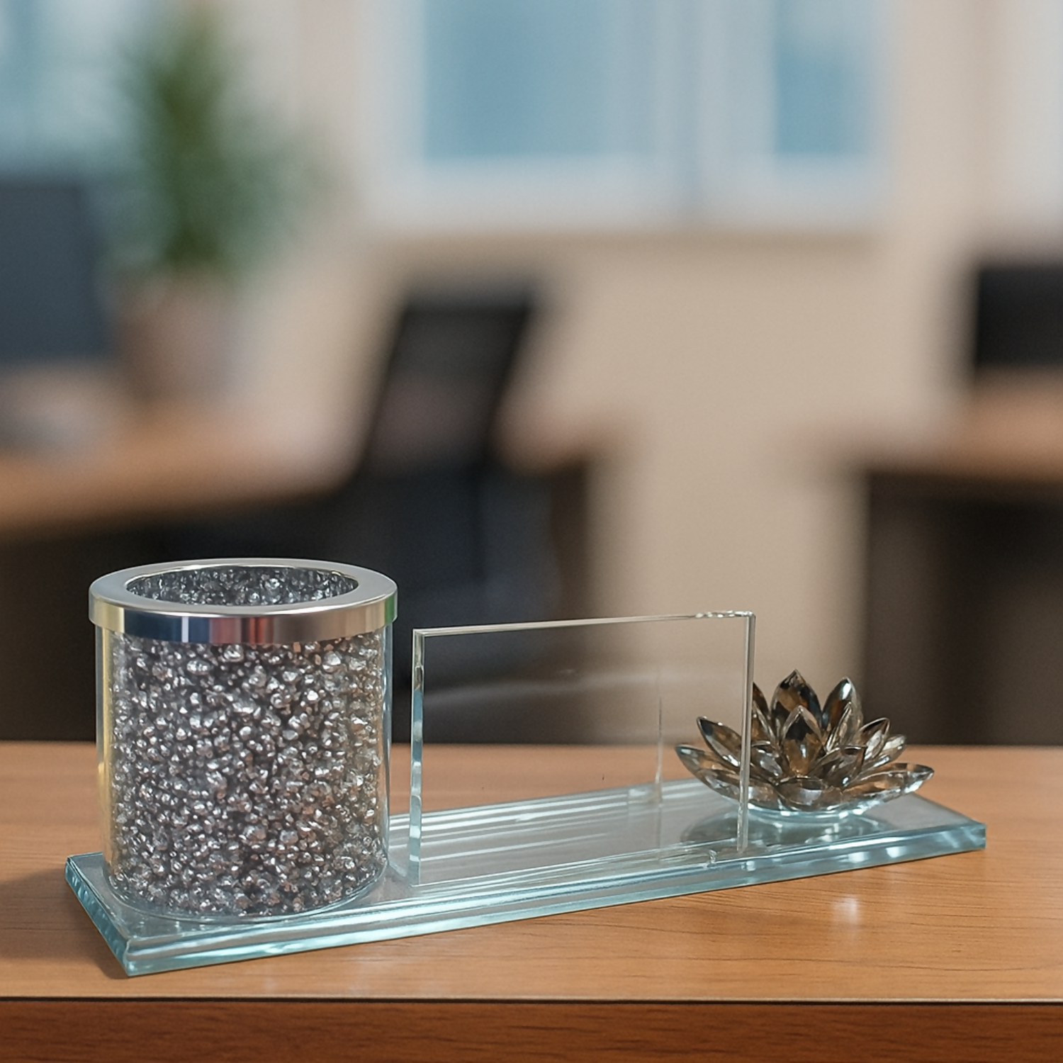 Luxury Glass Pen Stand and Card Holder with Crystal Lotus & Glitter Decor | Elegant Office Desk Organizer for Home, Workspace & Gifting