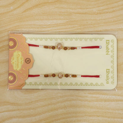 Couple Rakhi Set with Amber Wooden Beads and Faceted Crystal Drops for Bhaiya Bhabhi