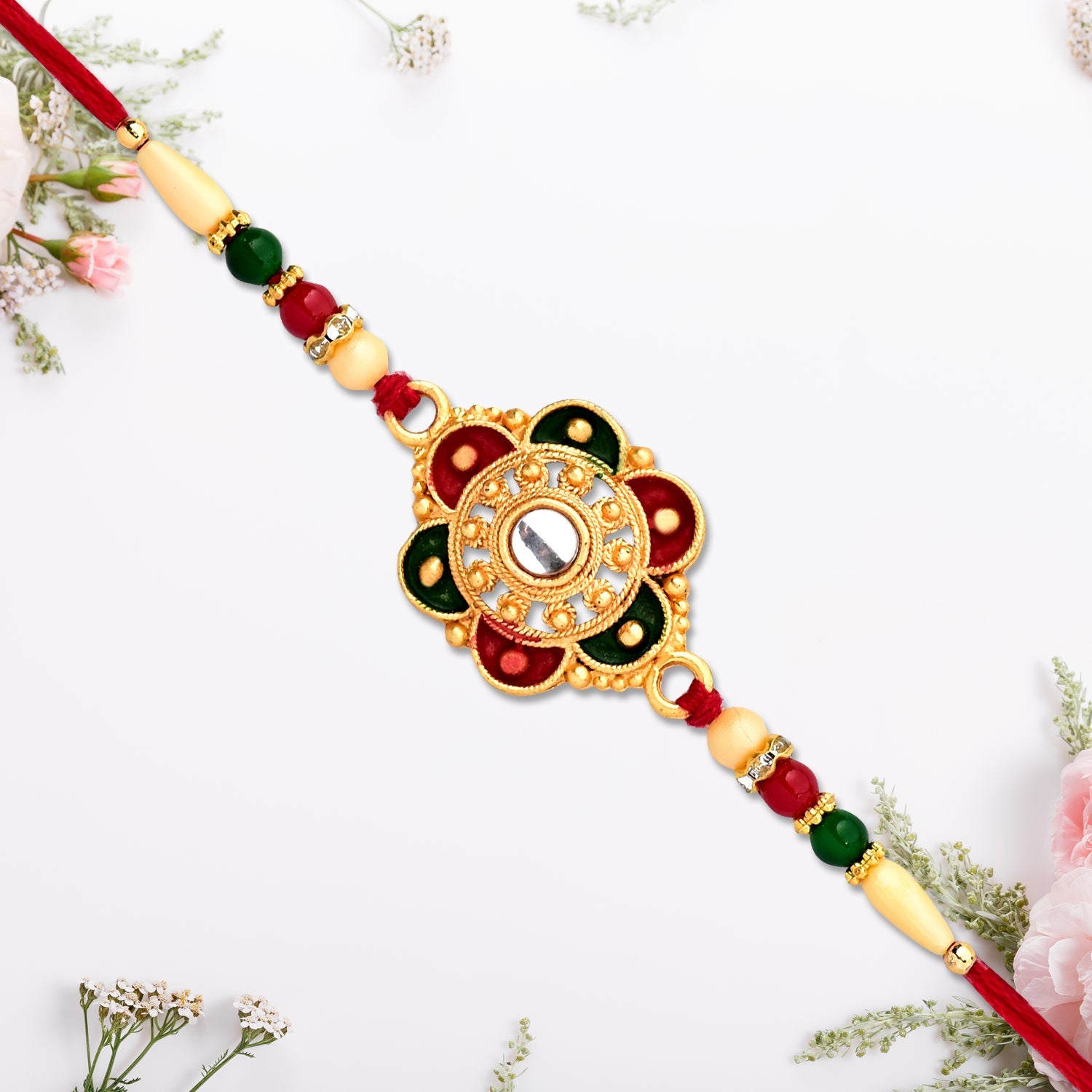 Designer Flower Motif Kundan Rakhi with Beads Rakhi for Brother (5pcs)